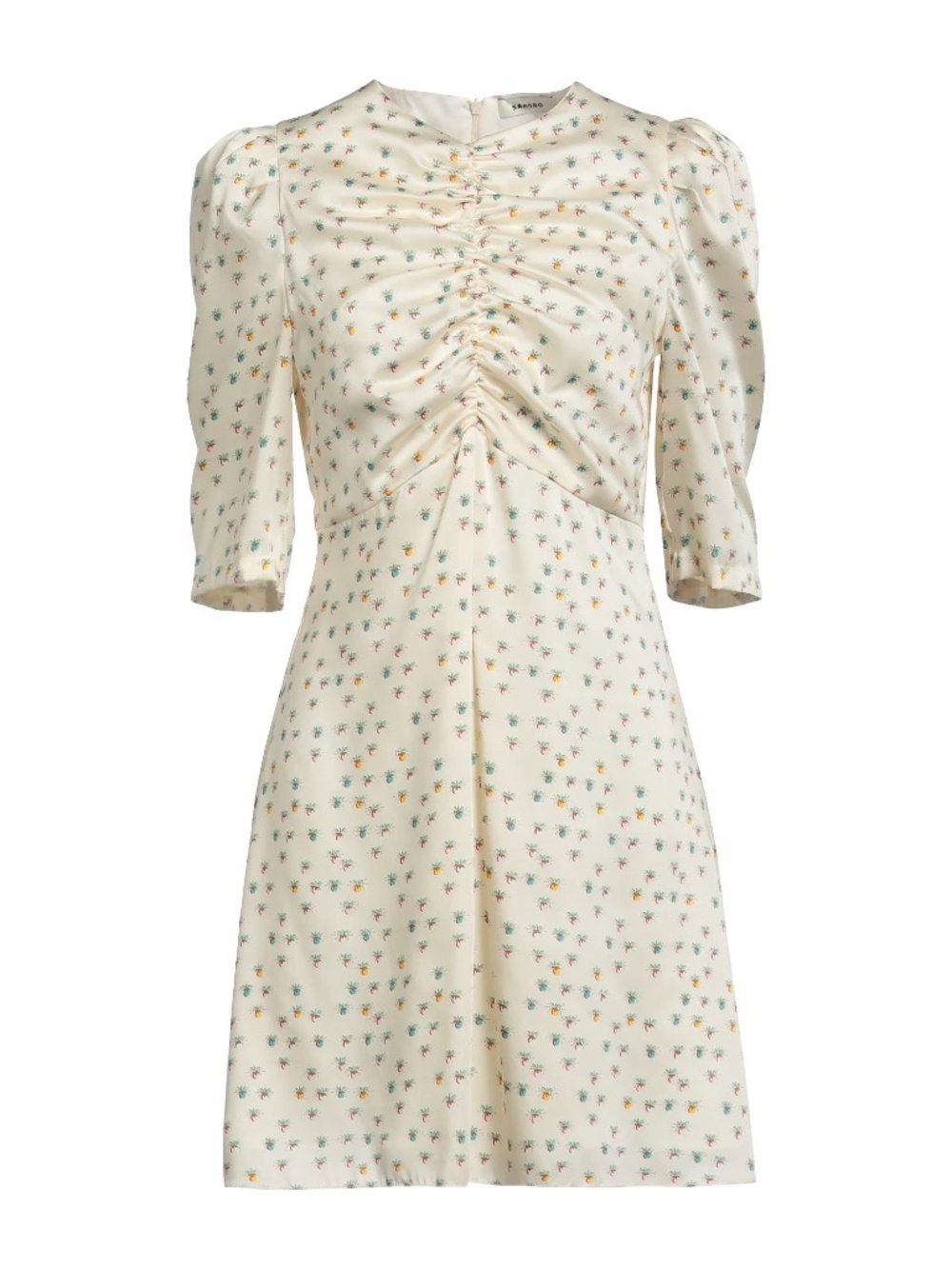 NWT Sandro Aquarelle Short Mini Dress Fruit Print Ruching 3/4 Sleeves Off-white